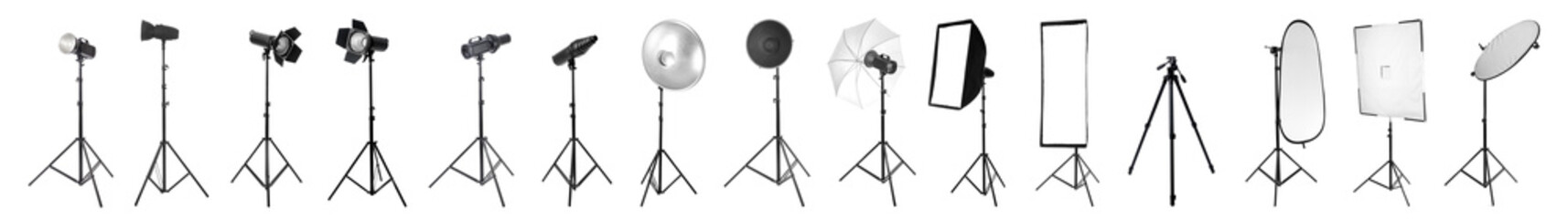 Professional lighting equipment for photo studio on white background