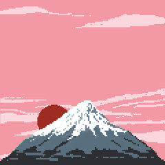 Pixel Fuji mountain at sunset and the red sun, crane and Japan pagoda, house. Japan. Pixel art 8 bit.