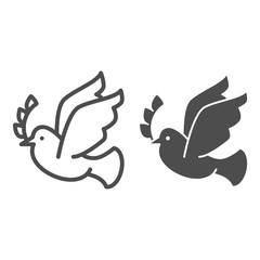 Poster - Dove with wreath branch line and solid icon. Pigeon carries an olive branch outline style pictogram on white background. Easter and bird dove peace for mobile concept and web design. Vector graphics.