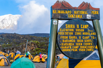 Camping on mount Kilimanjaro in tents to see the glaciers in Tanzania, Africa