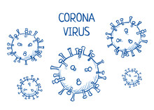 Set Of Corona Virus Icons. Hand Drawn Line Art Cartoon Vector Illustration.