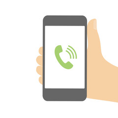 Poster - Hand holding smartphone with white screen. Phone flat vector Illustration isolated on light background