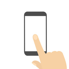 Poster - Hand holding smartphone with white screen. Phone flat vector Illustration isolated on light background