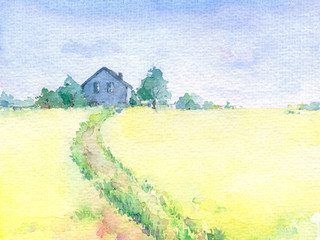 Watercolor beautiful village landscape with path to the house. Hand drawn illustration.