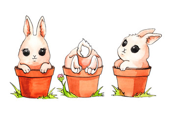 spring Easter bunnies hand-drawn in watercolor isolated on a white background , illustration of a small rabbit for the traditional spring holiday for printing on postcards and fabrics.