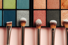 Make-up Palette And Brushes. Professional Eyeshadow Palette. Close Up.
