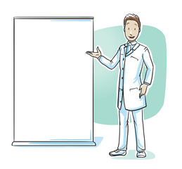 Wall Mural - Scientist, doctor or pharmacist presenting something at board or display. Concept for presentation, lecture or lesson. Hand drawn cartoon sketch vector illustration, whiteboard marker style coloring. 