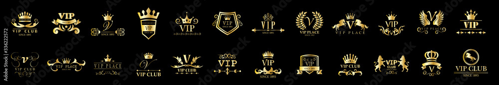 Golden Vip Logo Set - Isolated On Black Background, Vector Illustration. Icons Collection Of Golden Vip Logo, Gold Emblem And Label. Useful For Badge, Seal And Design Template. Luxury Logo Vector - obrazy, fototapety, plakaty 