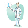 Scientist or pharmacist in white coat and stethoscope giving advice and information with icon in circle. Hand drawn cartoon sketch vector illustration, whiteboard marker style coloring. 