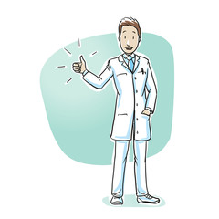 Wall Mural - Scientist or pharmacist looking happy showing thumb up. Hand drawn cartoon sketch vector illustration, whiteboard marker style coloring. 