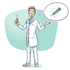 Wall Mural - Scientist with test tube and speech bubble with vaccination or injection icon. Hand drawn cartoon sketch vector illustration, whiteboard marker style coloring. 