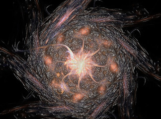Poster - particles of abstract fractal forms on the subject of nuclear physics science and graphic design. ge