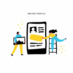 Online profile hand drawn flat vector illustration. Social media users, app developers cartoon characters. Online communication platform, mobile application development. Personal page design concept