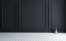 Empty Room With Modern Classic Black Wall Triple Panels And Wooden Floor 3D Rendering