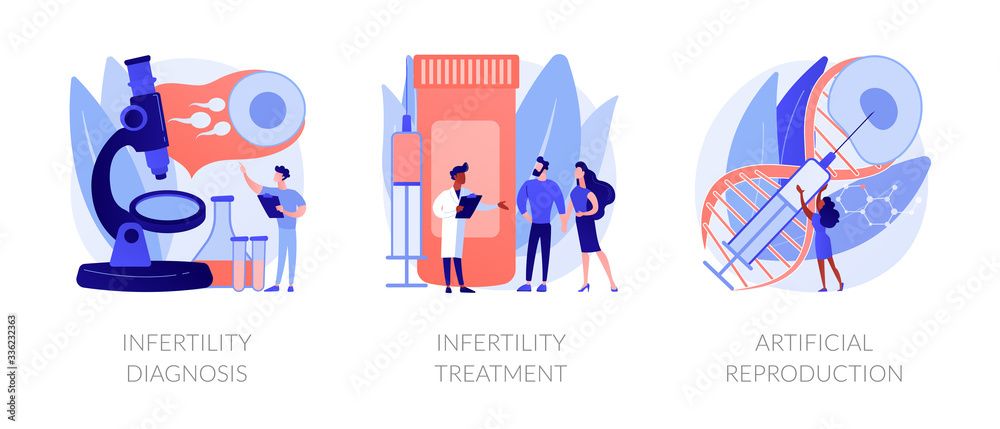 Pregnancy planning, reproductive function problems. Infertility diagnosis, infertility treatment, artificial reproduction metaphors. Vector isolated concept metaphor illustrations. - obrazy, fototapety, plakaty 