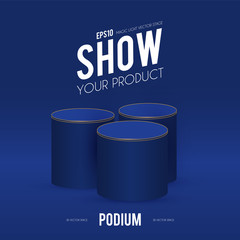 Wall Mural - Round Podium. Scene, pedestal and 3D platform. Advertising, award and win design. Show and sale background. Realistic presentation mockup. Blue and gold.