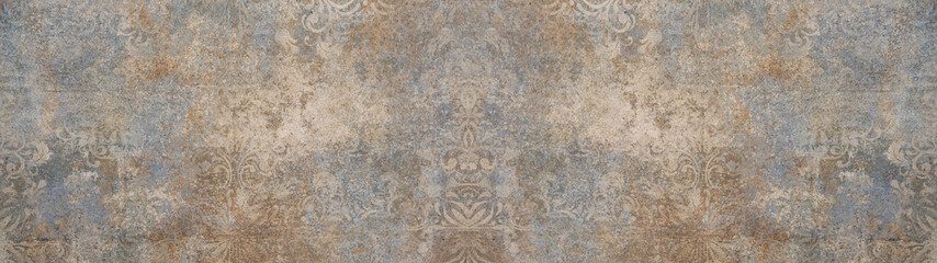 Poster - Old brown gray vintage shabby patchwork motif tiles stone concrete cement wall texture background banner	
