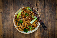 Bowl Of Japanese?soba?noodles With?bok?choy, Broccolies, Soy Sauce And Black Sesame