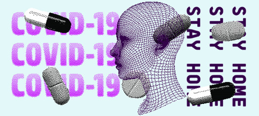 Poster - Wireframe of human head and pills around it. Conceptual illustration for  Coronavirus Disease 2019 (COVID-19) Quarantine.