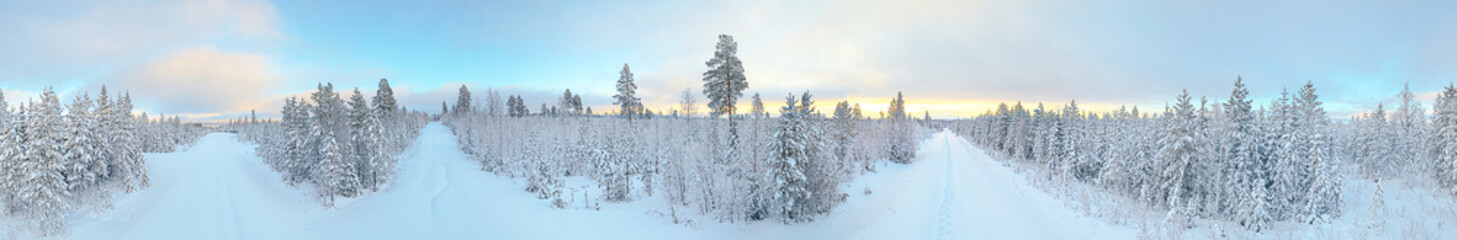 Wall Mural - Bright 360 degree panorama of intersection with snow cover in Vasterbotte