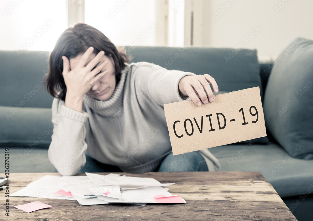 Depressed woman not able to pay rent, expenses and debts after lost her job amid COVID-19 Pandemic. - obrazy, fototapety, plakaty 