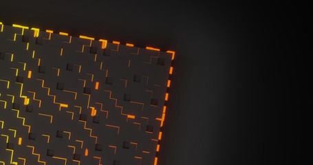 Poster - Abstract cubes background with random side of orange and yellow light. 3D illustration with space texts in dark background