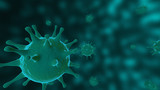 Fototapeta  - Viruses, Virus Cells under microscope, floating in fluid with green background. Pathogens outbreak of bacterium and virus, disease causing microorganisms. COVID-19 Coronavirus.