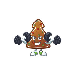 Poster - Fitness exercise gingerbread tree cartoon character using barbells