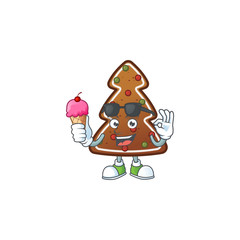 Wall Mural - Cute gingerbread tree cartoon character enjoying an ice cream