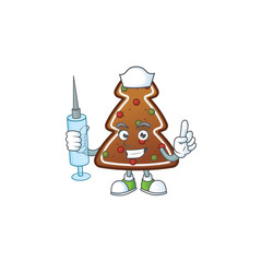 Wall Mural - Friendly Nurse gingerbread tree mascot design style using syringe