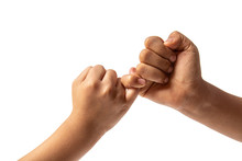 Hand Of Two Young Boy Making A Pinky Promise Isolated On White Background. Promises To Do Business Together.