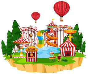 Sticker - Themepark scene with many rides and waterpark