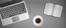 Flat Lay, Top View Office Desk With Laptop. Notebook, Coffee, Pencil, Open Notebook, Pen. Realistic Vector Illustration.