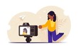Influencer concept. The process of shooting video content for a blogger or streamer. Record streaming video. Appeal of a popular person to his subscribers. Modern flat vector illustration.