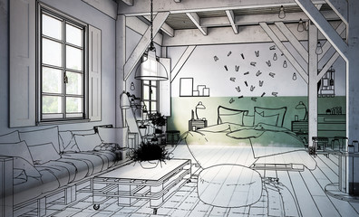 Wall Mural - Truss Loft Bedroom with Pallet Furniture (drawing) - 3d visualization