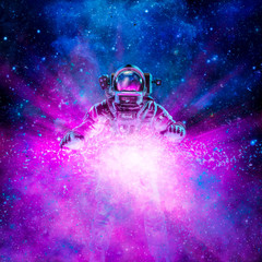 Wall Mural - Cosmic light astronaut / 3D illustration of science fiction scene with astronaut lit by exploding galaxy in outer space