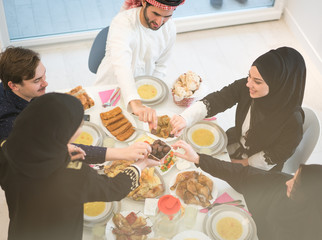 Wall Mural - Top view of food table of friends