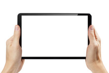 Black Tablet Computer In Male Hands, Isolated On White Background