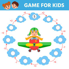math game for children. airplane in the clouds. learning counting, addition. education developing wo
