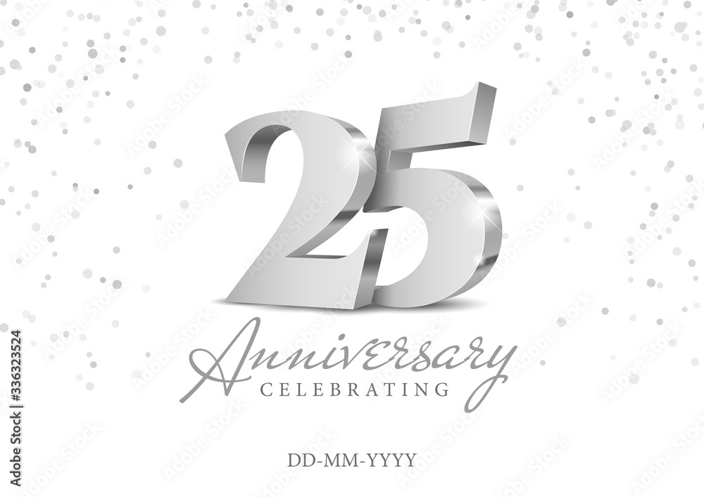 Anniversary 25. silver 3d numbers. Poster template for Celebrating 25th anniversary event party. Vector illustration - obrazy, fototapety, plakaty 