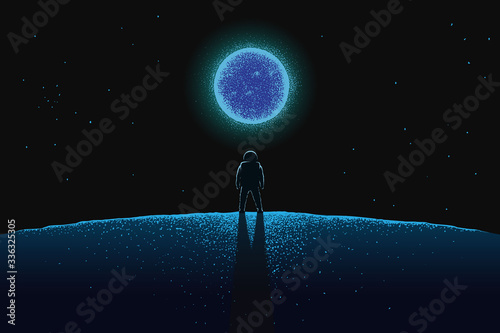 Fotografía Astronaut on the new planet looks to blue star