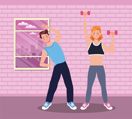 Wall Mural - couple practicing exercise in the house