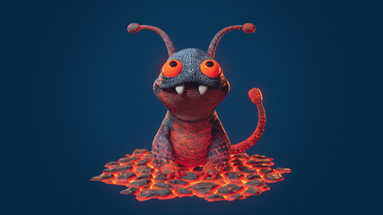 3d illustration of cute little cartoon red hot magma monster sitting on crack surface of molten lava on blue background. Burning coals. Smiling frog mutant. Alien creature with big teeth and antennas