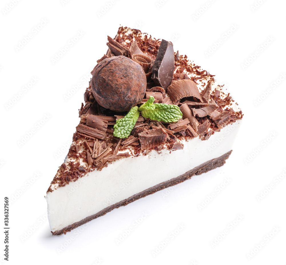 Piece of tasty chocolate cheesecake on white background