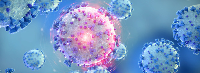 Poster - Microscopic close-up of the covid-19 disease. Coronavirus illness spreading in body cell. 2019-nCoV analysis on microscope level 3D rendering