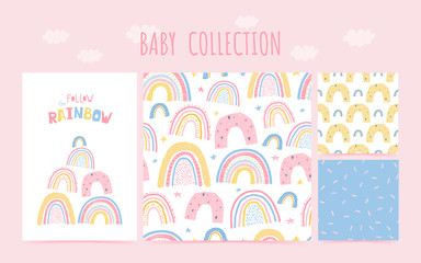 Wall Mural - Cute baby collection seamless pattern with rainbow and lettering poster Follow the rainbow. Background in hand drawn style for children's room design, poster, wallpaper, textile. Vector illustration