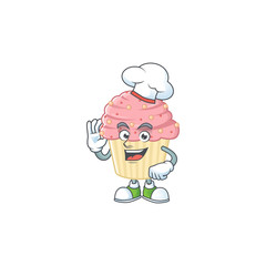 Poster - Strawberry cupcake cartoon design style proudly wearing white chef hat