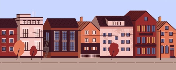 Fototapete - Colorful cityscape with modern residential buildings. Suburban area horizontal panoramic banner. Urban street landscape with living houses facades. Vector illustration in flat cartoon style