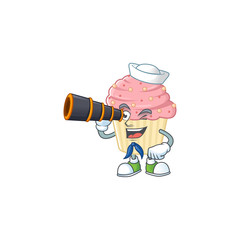 Sticker - Strawberry cupcake in Sailor cartoon character style using a binocular