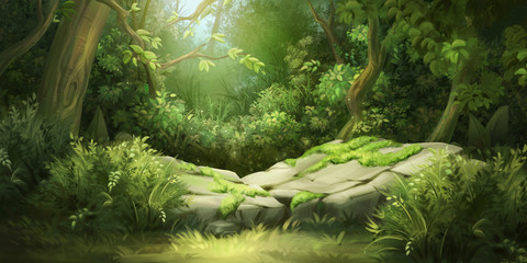 deep forest. fantasy backdrop. concept art. realistic illustration. video game digital cg artwork ba